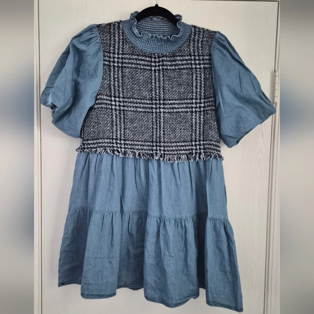 Zara Nwt Chambray Tweed A-Line Smocked Neck Puff Short Sleeve Sz Small